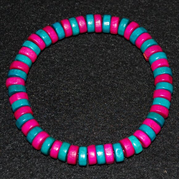 Pink Bracelet,Wood Bracelet,Pink Surfer Bracelet,Pink Wooden Bracelet - Picture 1 of 2
